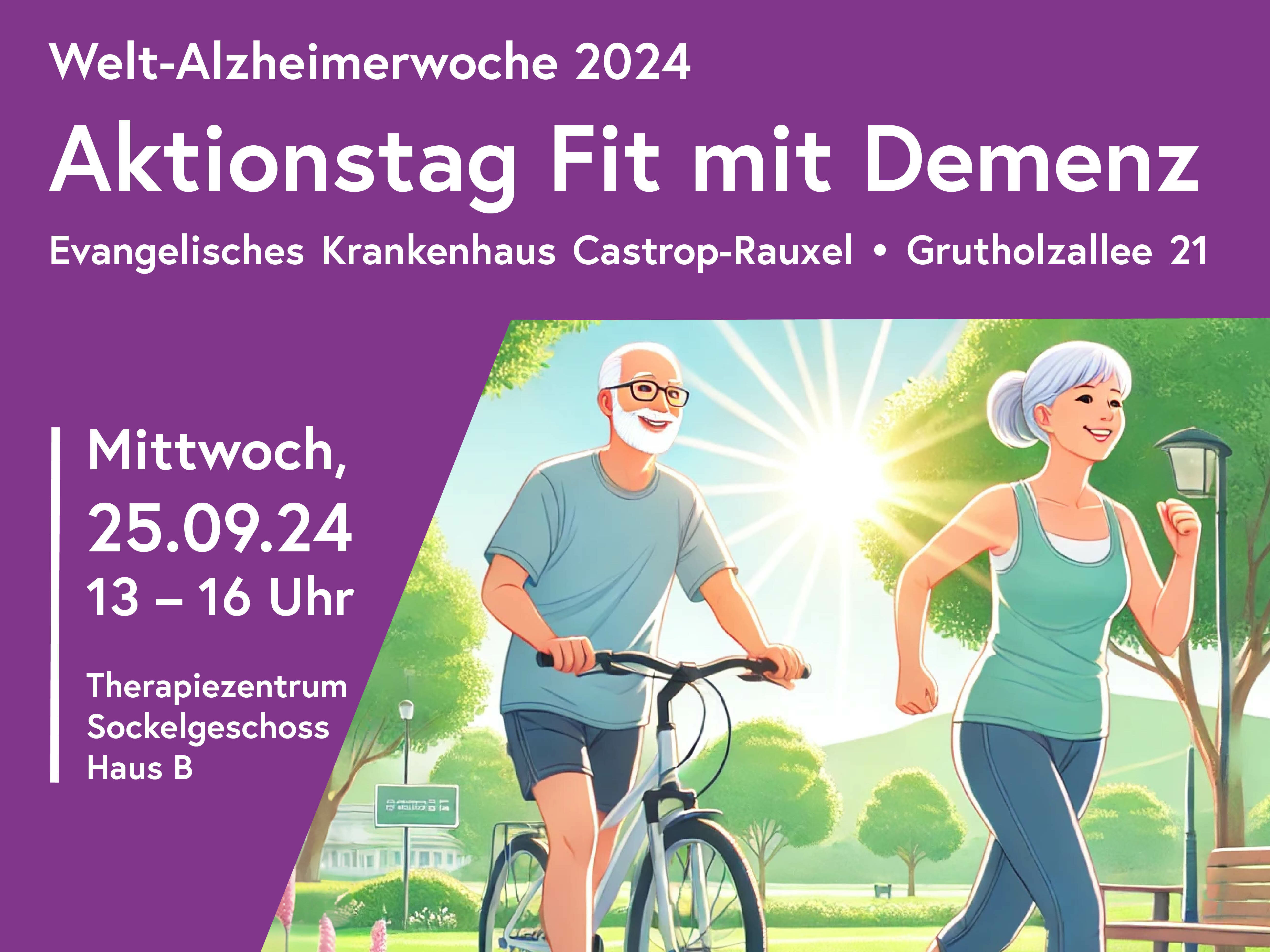 Illustration eines älteren Mannes, der Rad fährt, und einer Frau, die joggt, als Werbung für eine Veranstaltung zur Sensibilisierung für das Thema Demenz am 25.09.24 in Castrop-Rauxel.