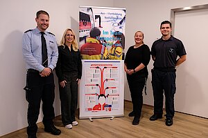 Zwei Männer und zwei Frauen stehen neben einem Roll-up. Die Männer tragen Dienstkleidung der Feuerwehr und der Polizei. 