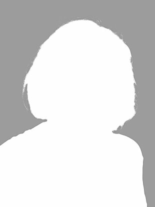 Eine weiße Silhouette einer Person mit gewelltem Haar auf grauem Hintergrund.